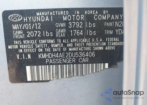 2013 Hyundai Elantra Limited z USA, uszkodzony, nr VIN KMHDH4AE2DU536406
